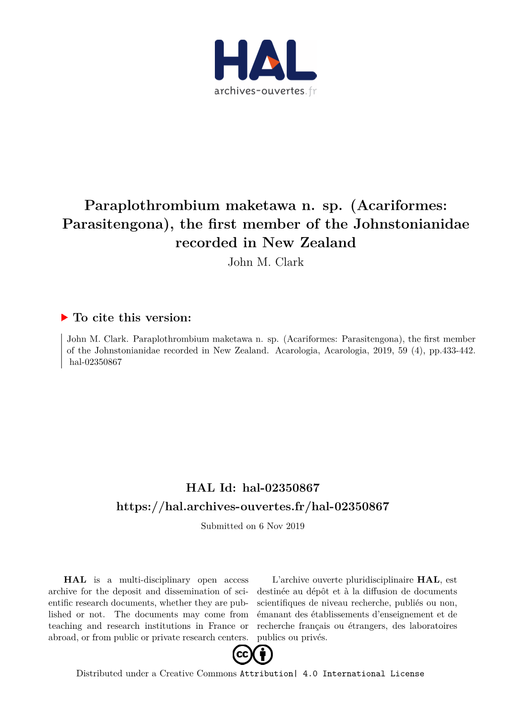 Acariformes: Parasitengona), the First Member of the Johnstonianidae Recorded in New Zealand John M