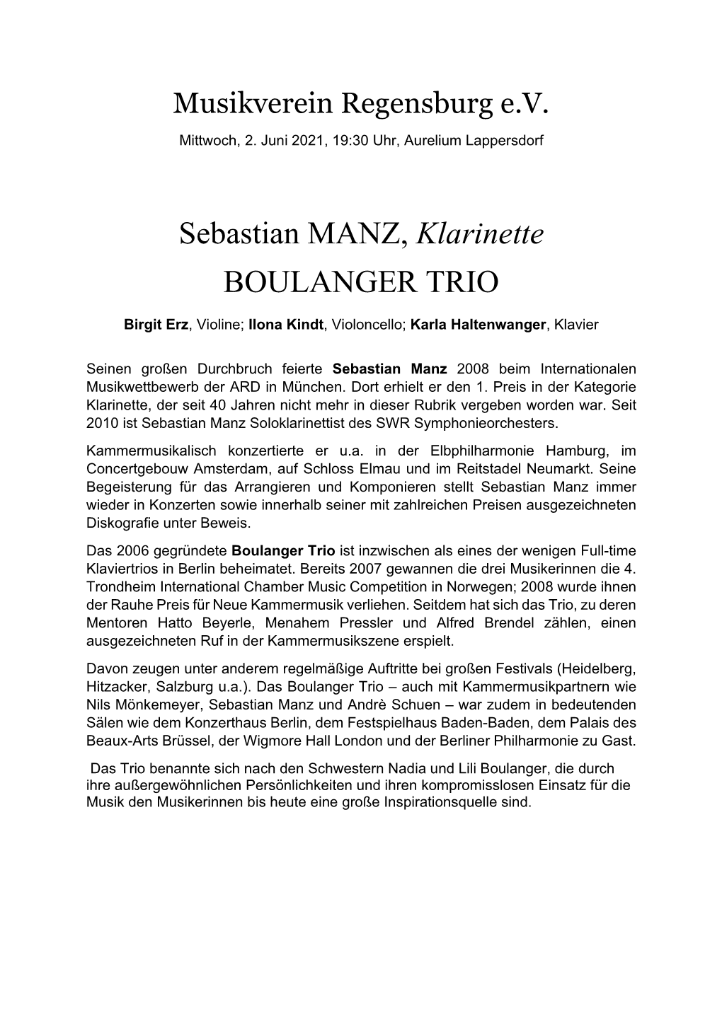 Sebastian MANZ, Klarinette BOULANGER TRIO