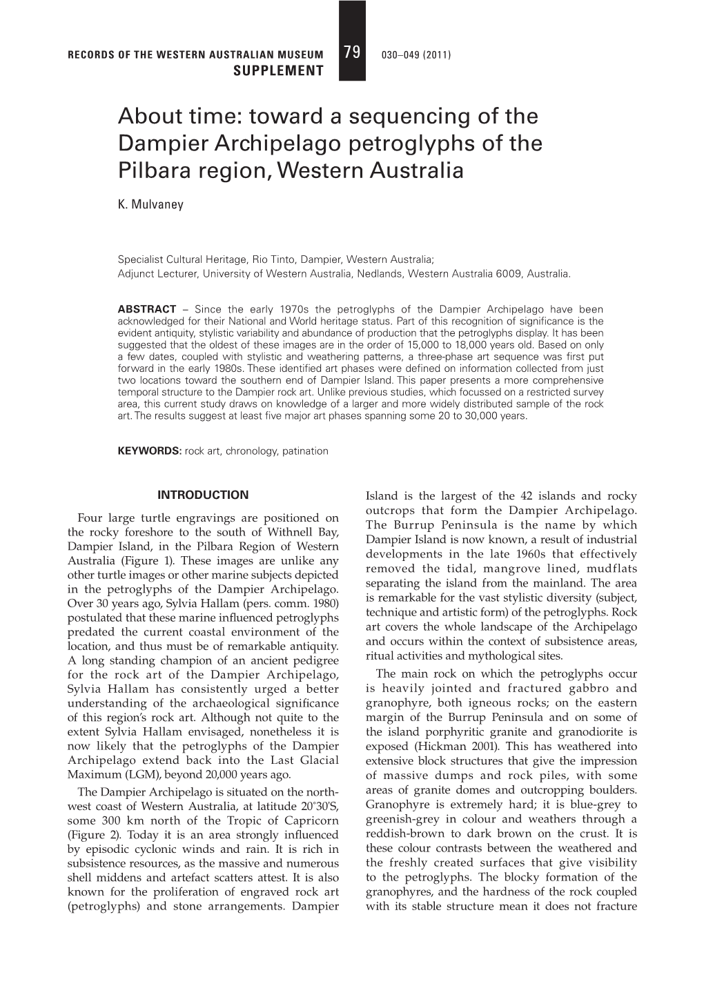 Toward a Sequencing of the Dampier Archipelago Petroglyphs of the Pilbara Region, Western Australia