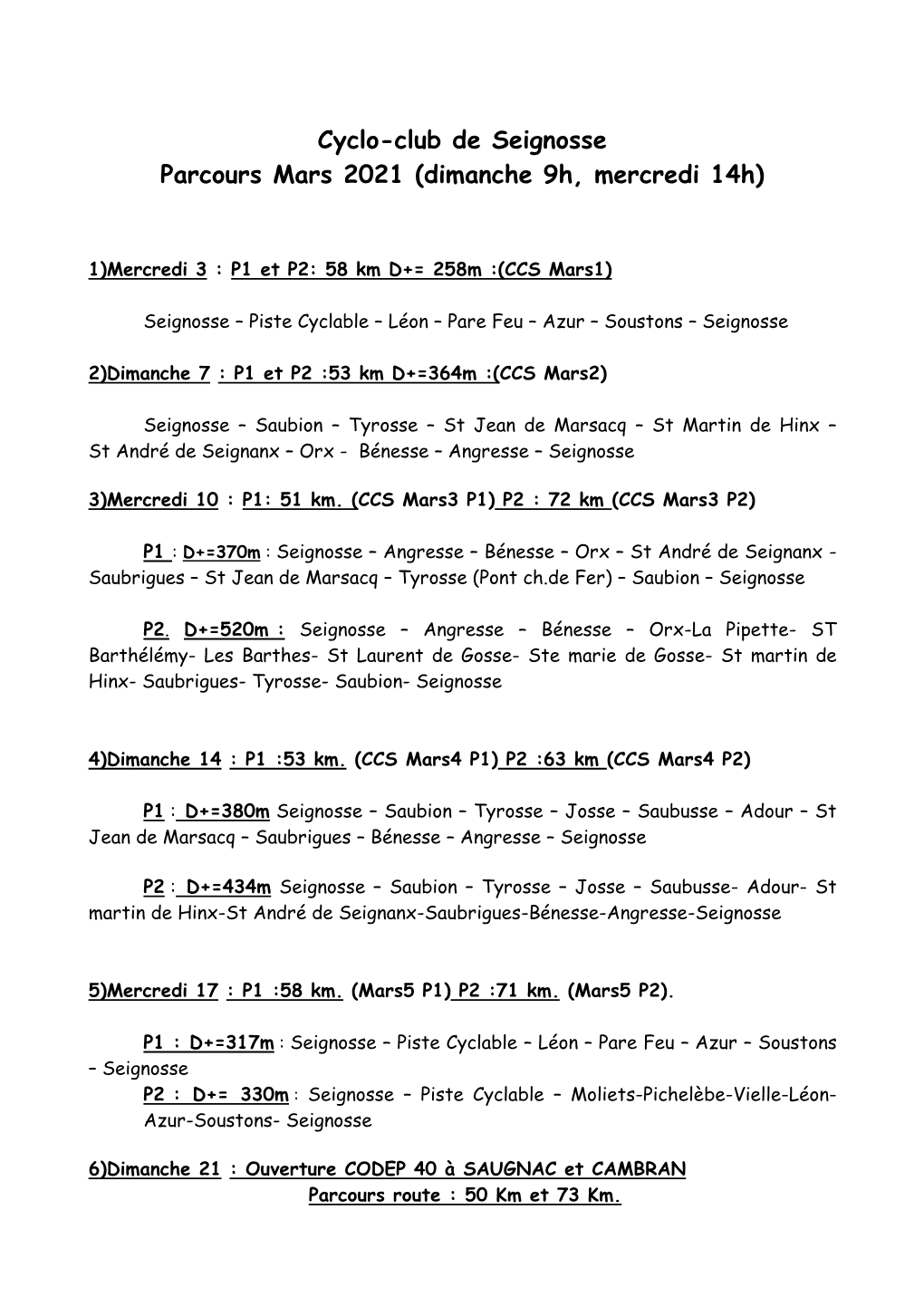 Cyclo-Club De Seignosse Parcours Mars 2021 (Dimanche 9H, Mercredi 14H)