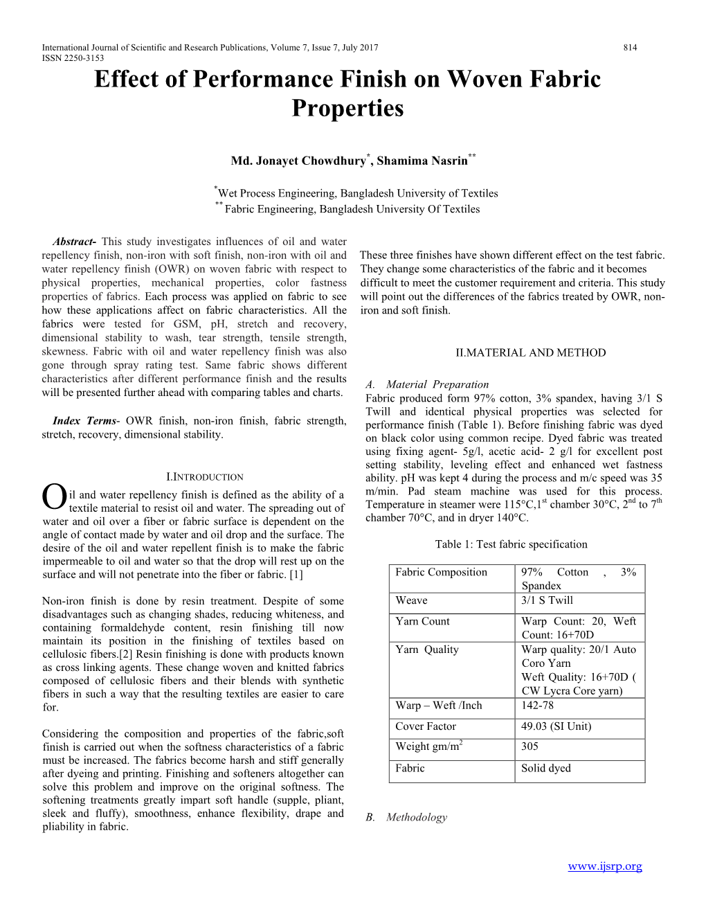 Effect of Performance Finish on Woven Fabric Properties