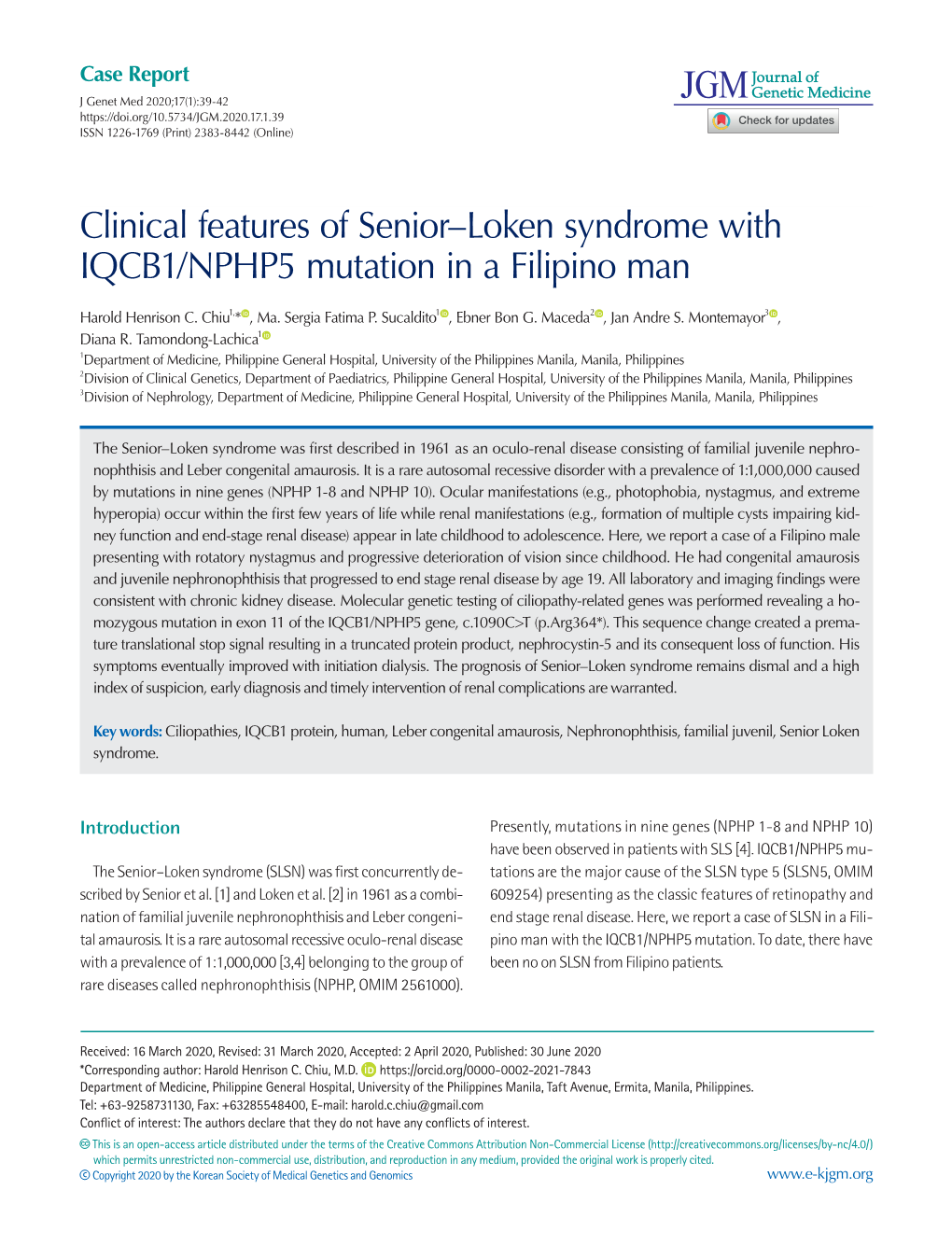 Clinical Features of Senior–Loken Syndrome with IQCB1/NPHP5 Mutation in a Filipino Man