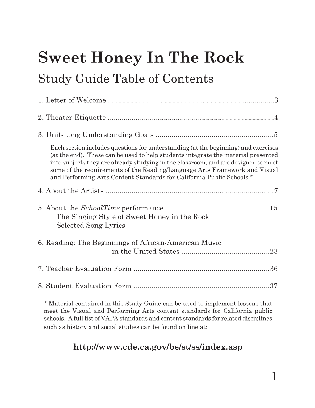 Sweet Honey in the Rock Study Guide Table of Contents