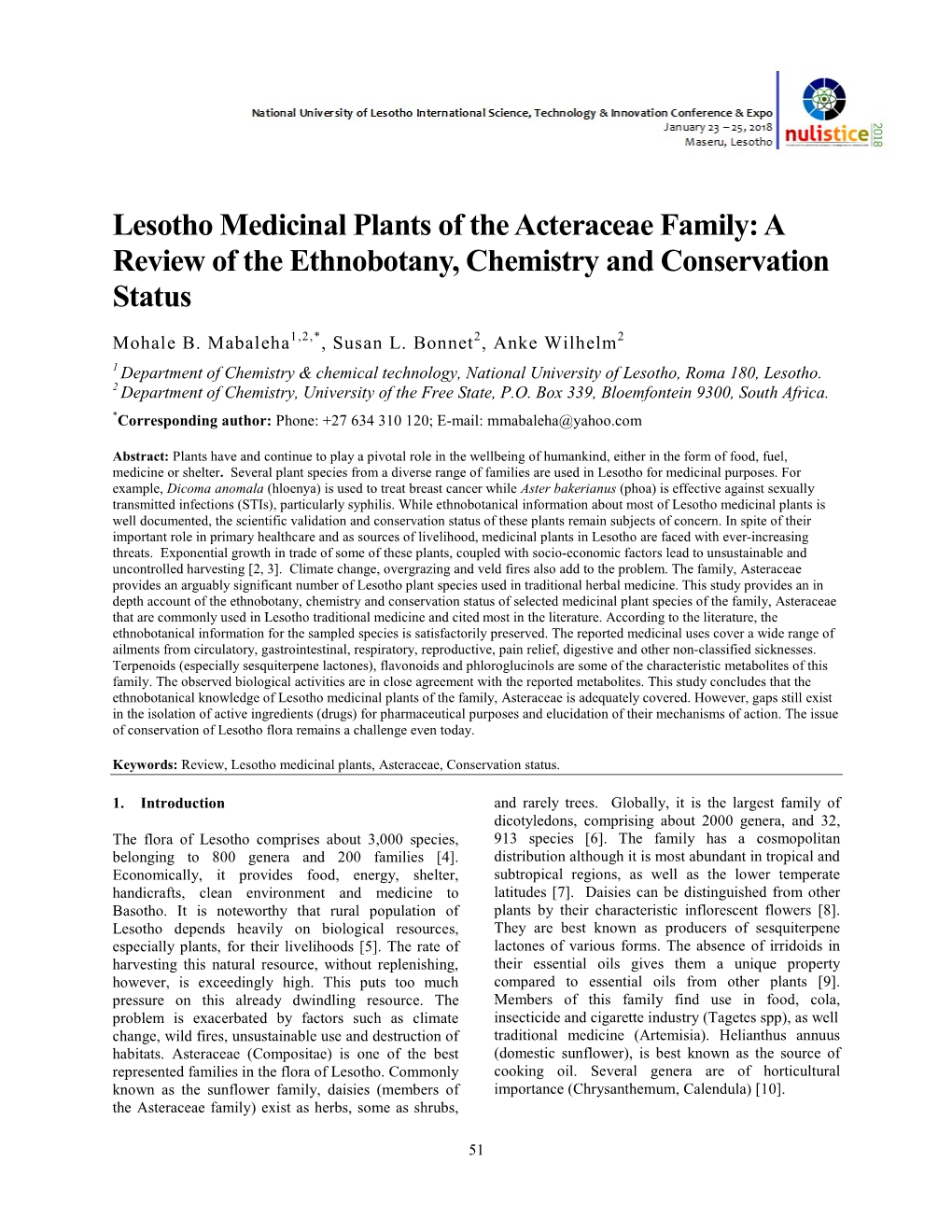 Lesotho Medicinal Plants of the Acteraceae Family: a Review of the Ethnobotany, Chemistry and Conservation Status Mohale B
