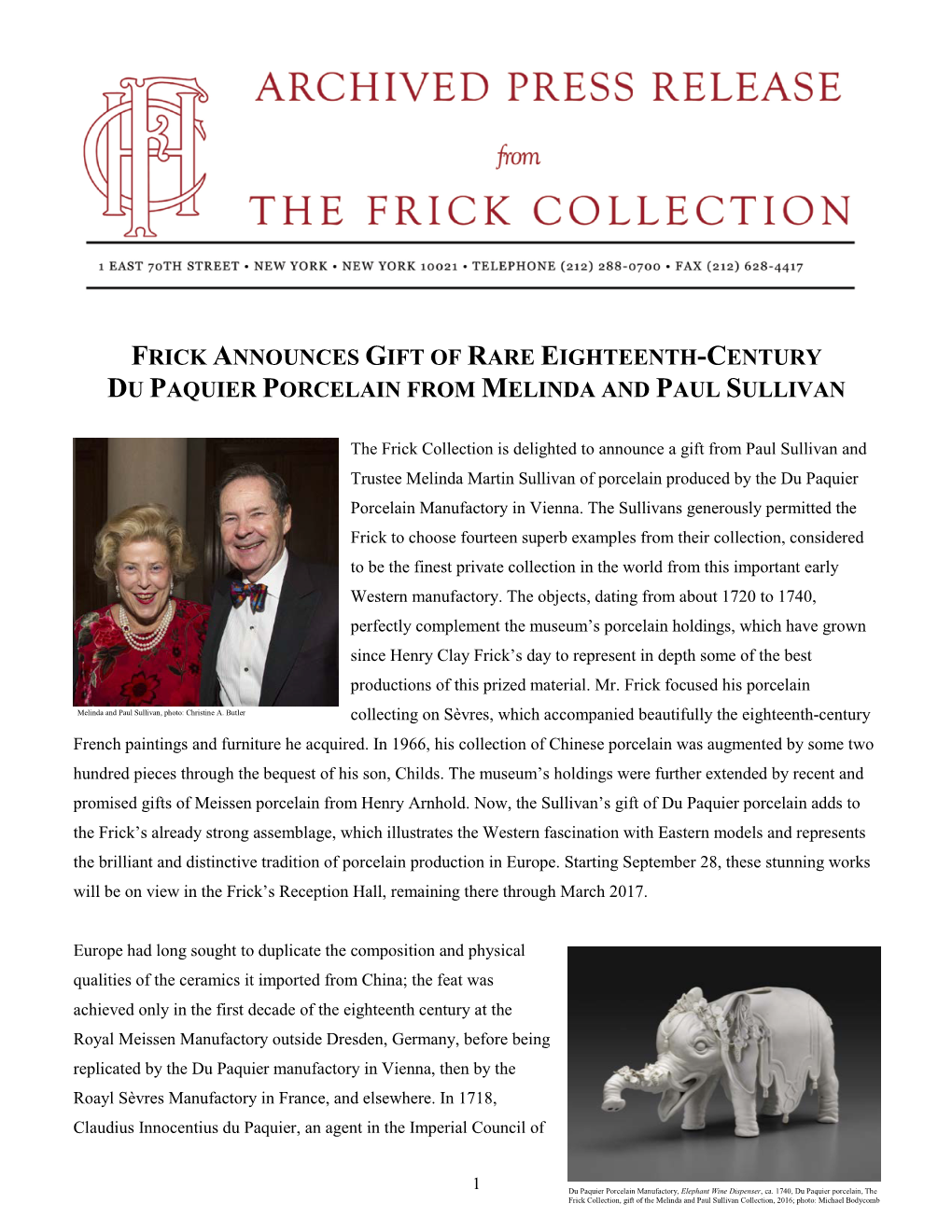Frick Announces Gift of Rare Eighteenth-Century Du Paquier Porcelain from Melinda and Paul Sullivan