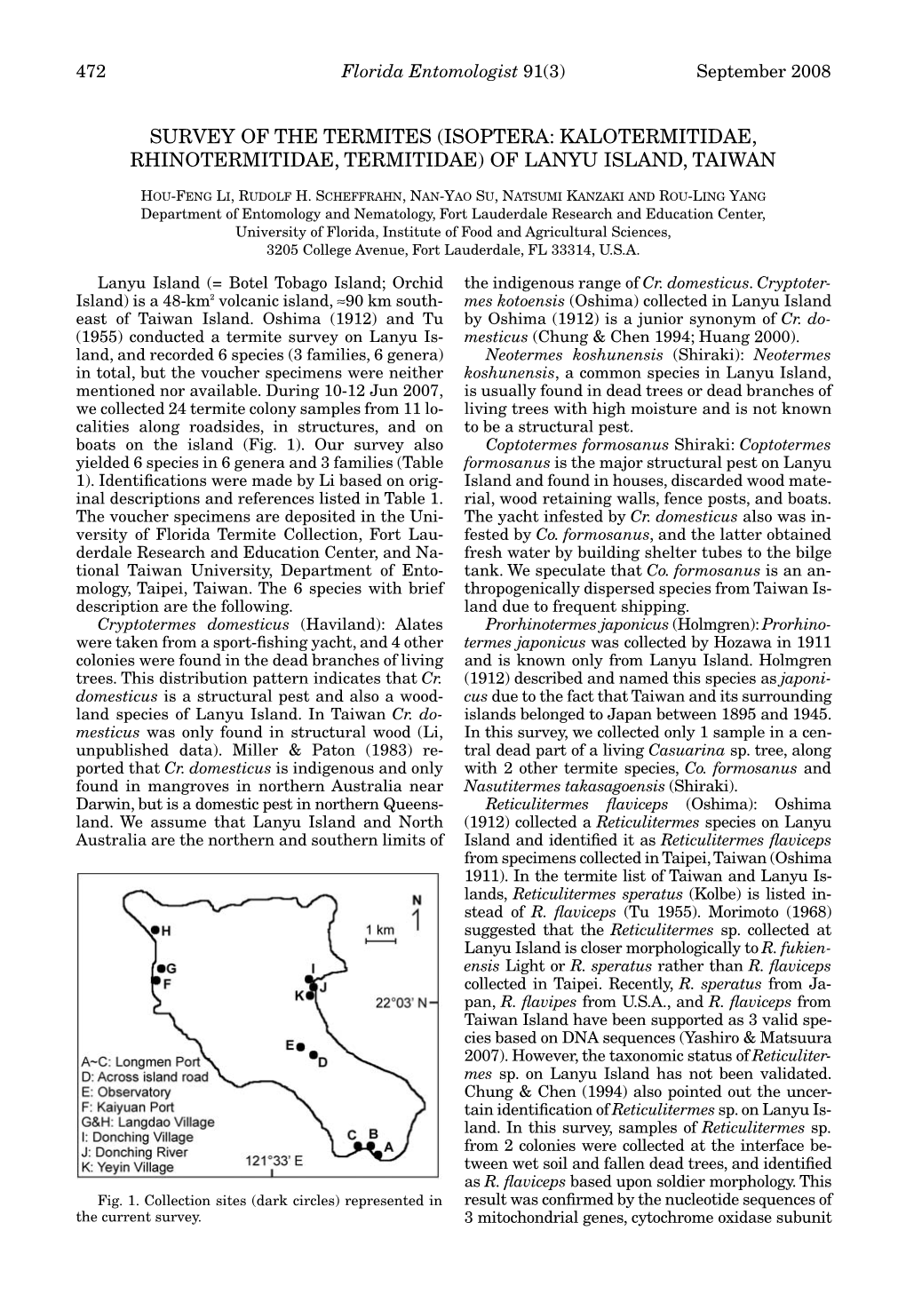 Survey of the Termites (Isoptera: Kalotermitidae, Rhinotermitidae, Termitidae) of Lanyu Island, Taiwan