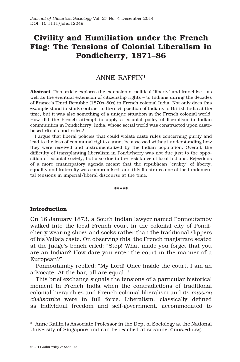 Civility and Humiliation Under the French Flag: the Tensions of Colonial Liberalism in Pondicherry, 1871–86