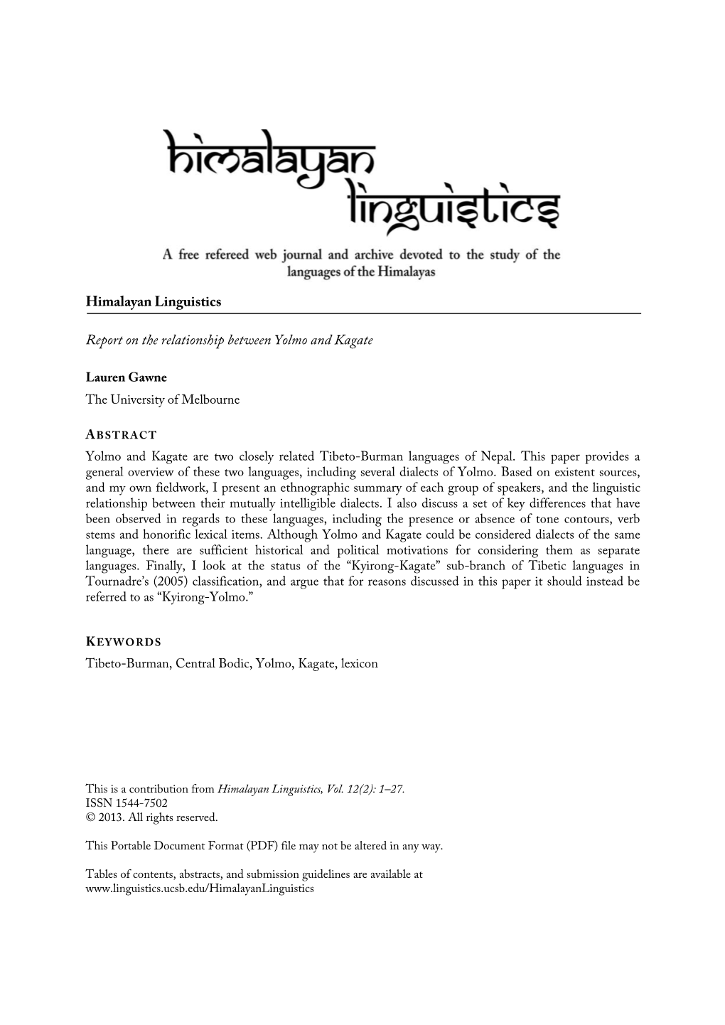 Himalayan Linguistics Report on the Relationship Between Yolmo And