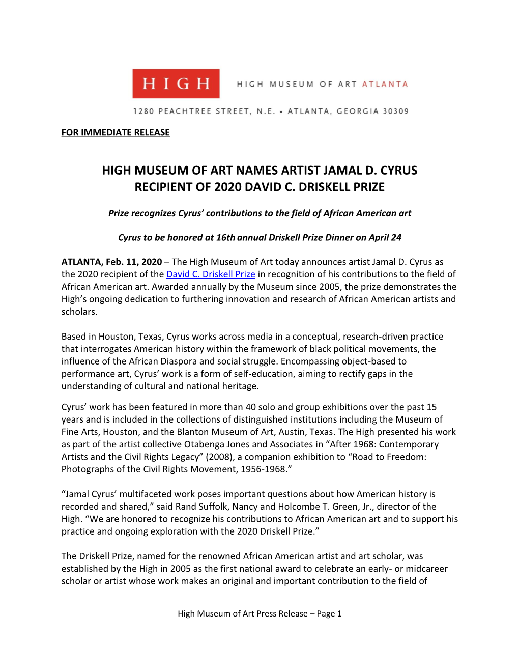 High Museum of Art Names Artist Jamal D. Cyrus Recipient of 2020 David C