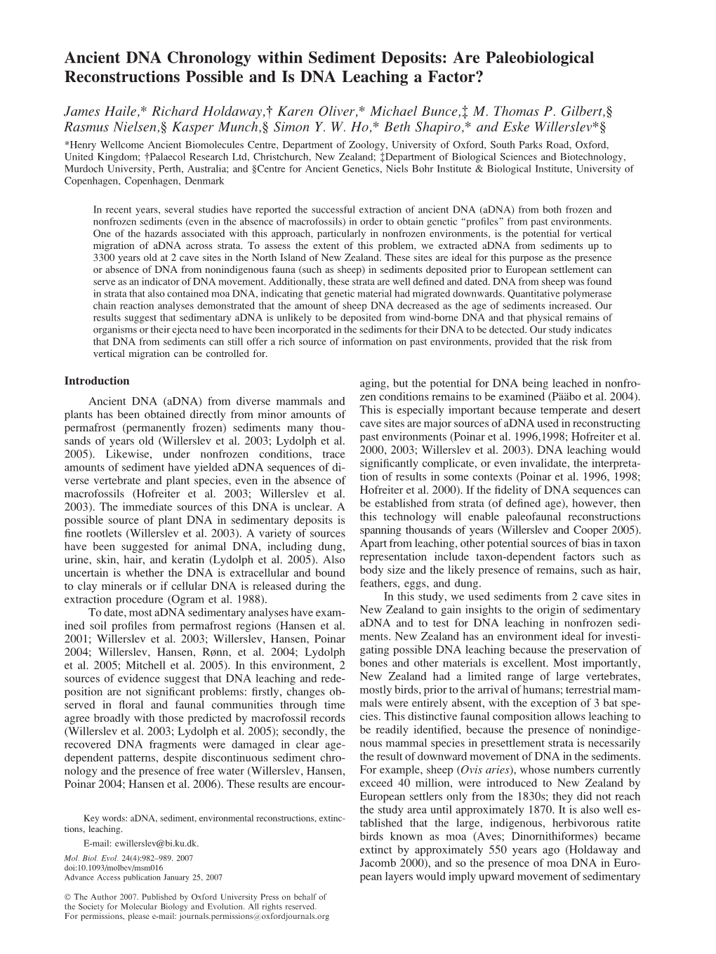 Ancient DNA Chronology Within Sediment Deposits: Are Paleobiological Reconstructions Possible and Is DNA Leaching a Factor?