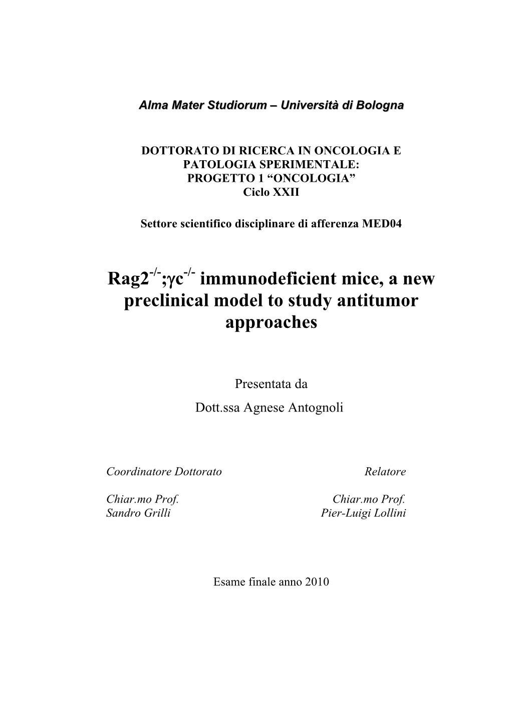 Rag2-/-;Γc-/- Immunodeficient Mice, a New Preclinical Model to Study Antitumor Approaches