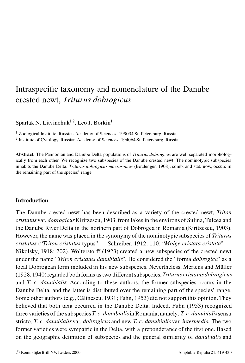 Intraspecific Taxonomy and Nomenclature of the Danube