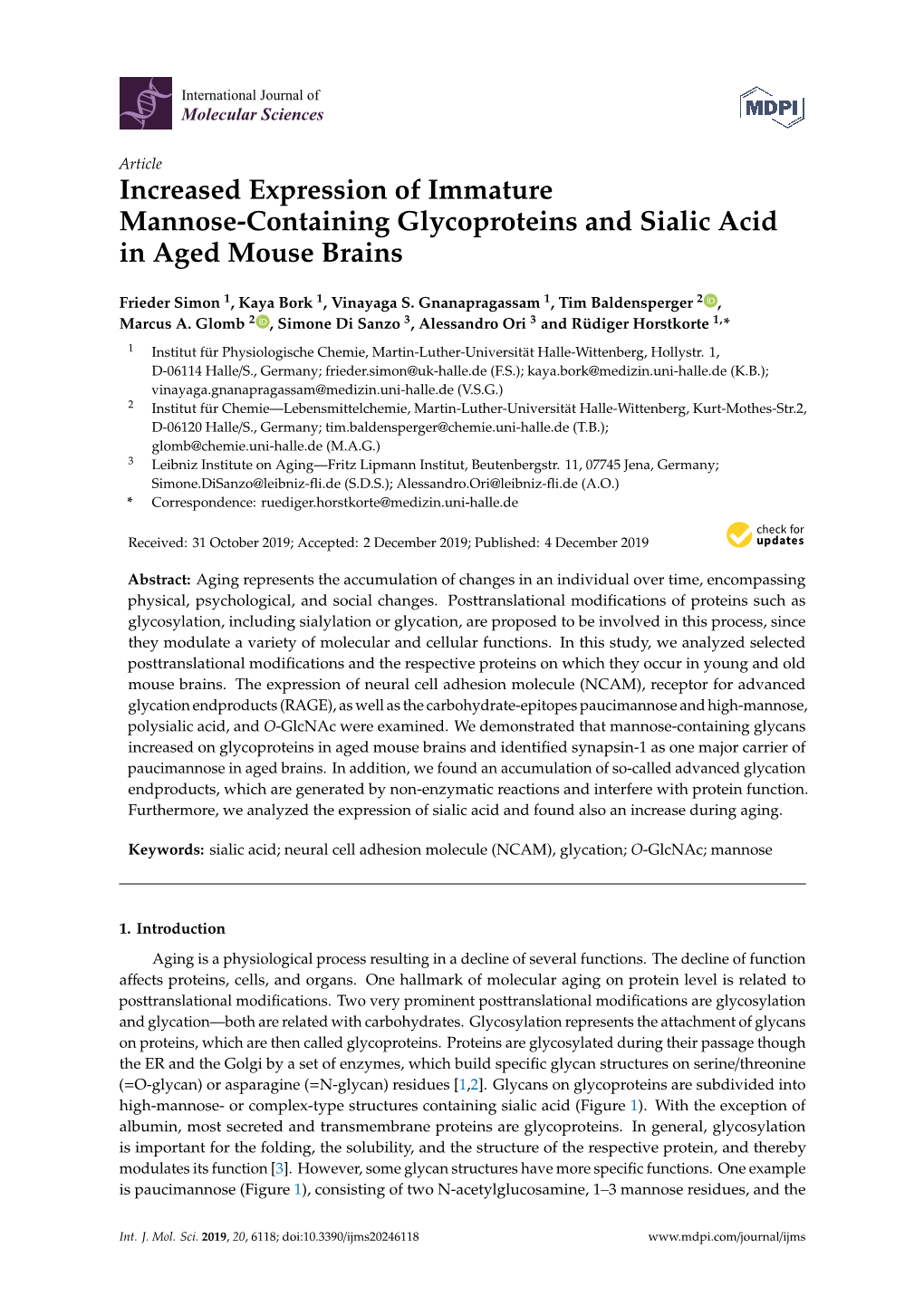 Increased Expression of Immature Mannose-Containing Glycoproteins and Sialic Acid in Aged Mouse Brains