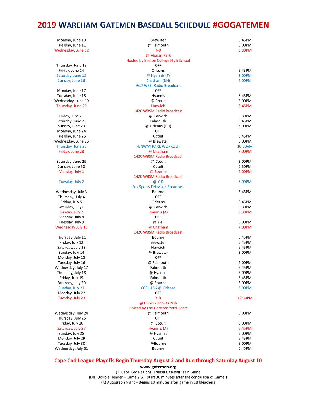 2019 Wareham Gatemen Baseball Schedule #Gogatemen