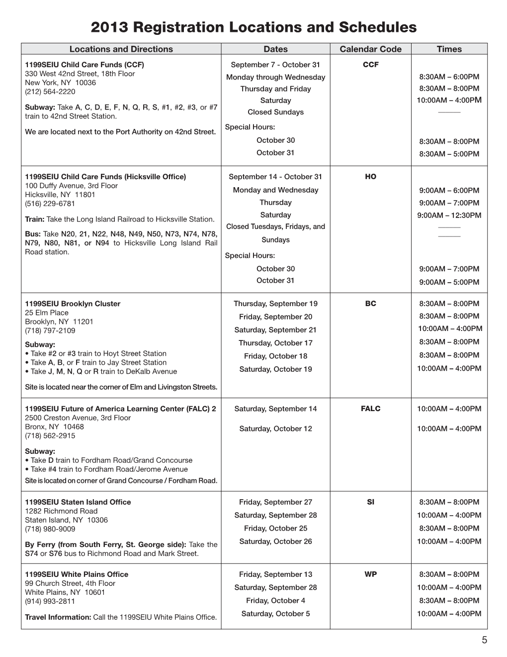 2013 Registration Locations and Schedules