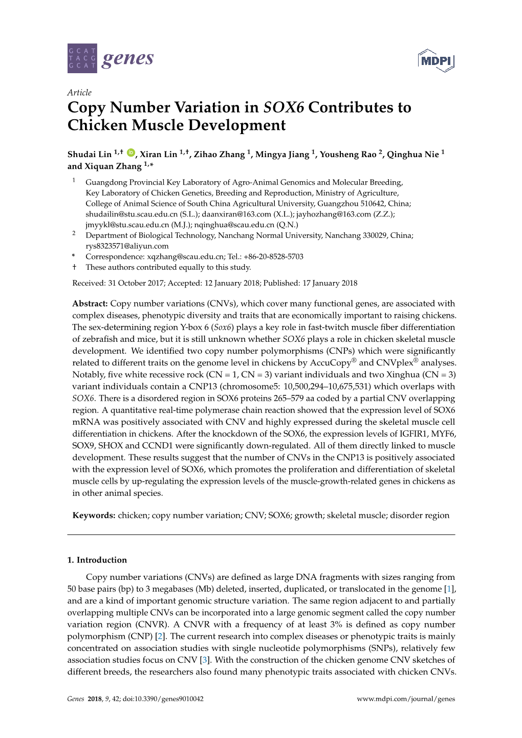 Copy Number Variation in SOX6 Contributes to Chicken Muscle Development