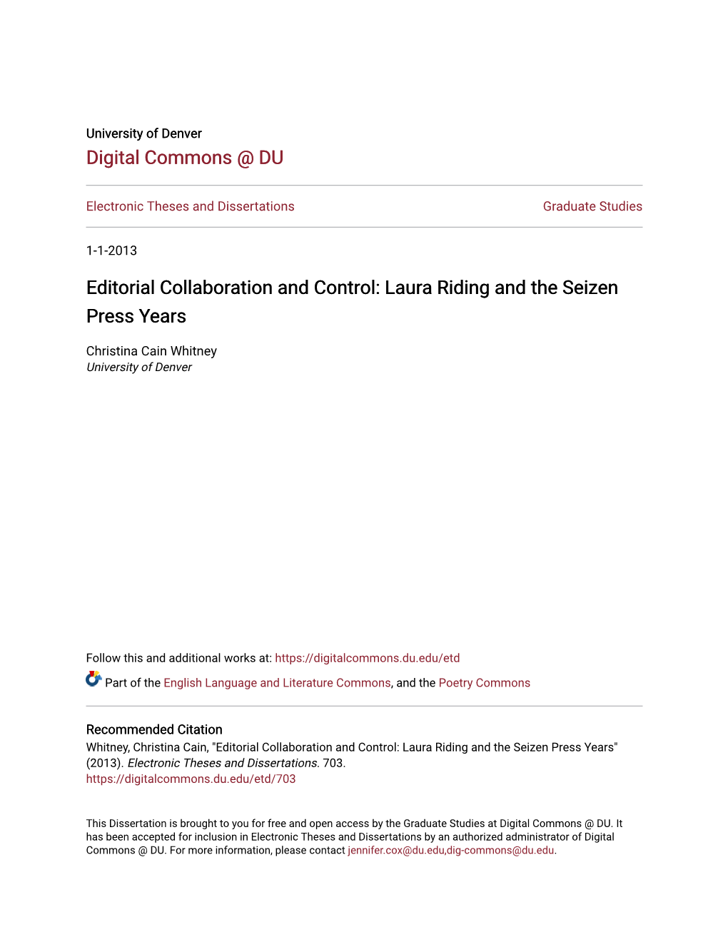 Editorial Collaboration and Control: Laura Riding and the Seizen Press Years