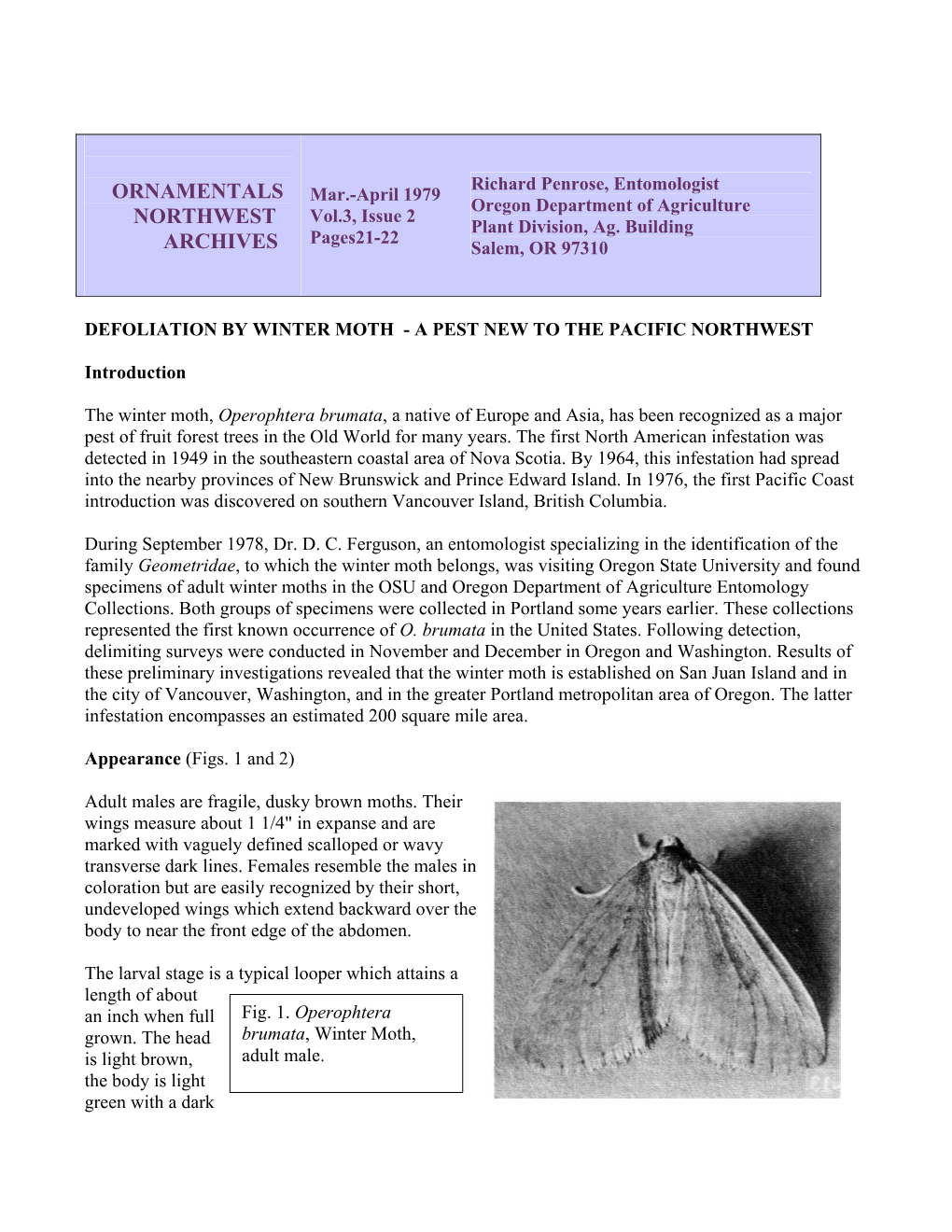 Defoliation by Winter Moth - a Pest New to the Pacific Northwest