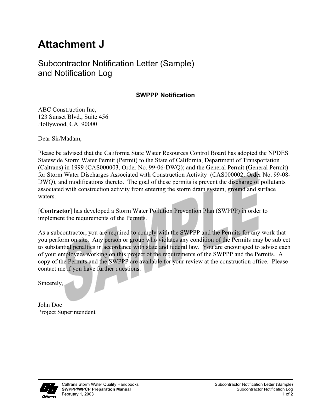 Subcontractor Notification Letter (Sample) and Notification Log