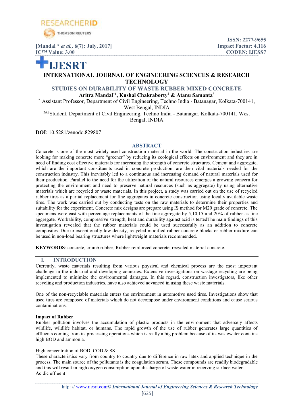 Studies on Durability of Waste Rubber Mixed