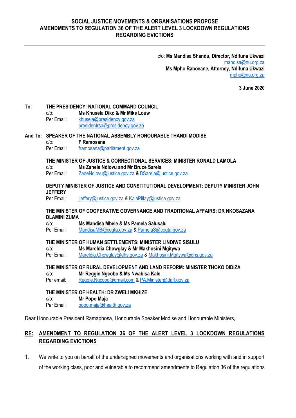 Social Justice Movements & Organisations Propose Amendments to Regulation 36 of the Alert Level 3 Lockdown Regulations Regar