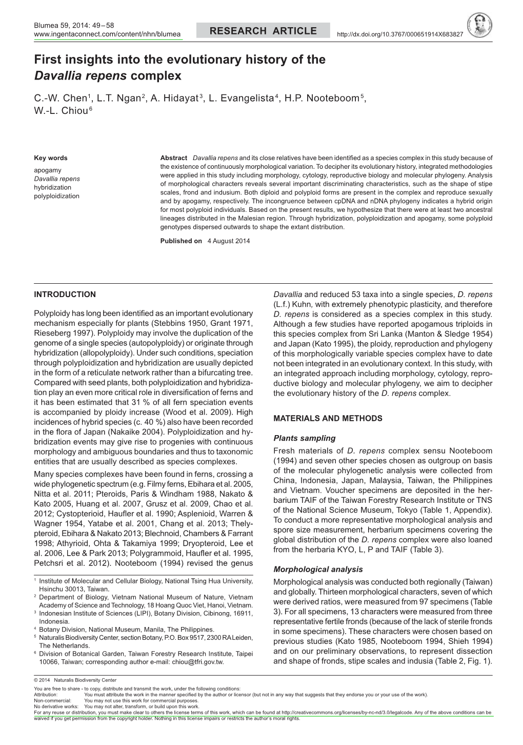 First Insights Into the Evolutionary History of the <I>Davallia Repens</I