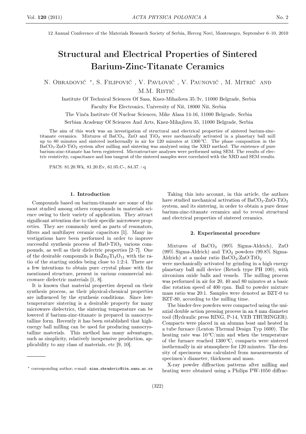 Structural and Electrical Properties of Sintered Barium-Zinc-Titanate Ceramics