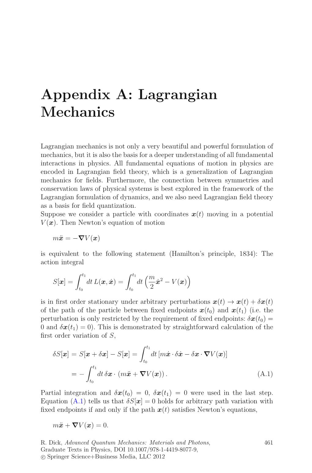 Appendix A: Lagrangian Mechanics