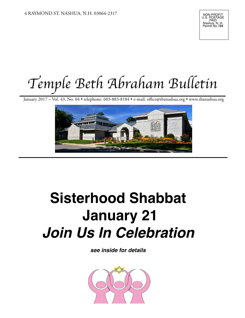 Sisterhood Shabbat January 21 Join Us in Celebration See Inside for Details