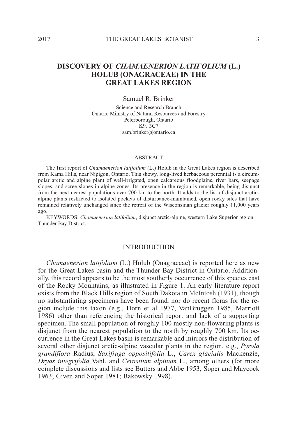 Discovery of Chamaenerion Latifolium (L.) Holub (Onagraceae) in the Great Lakes Region