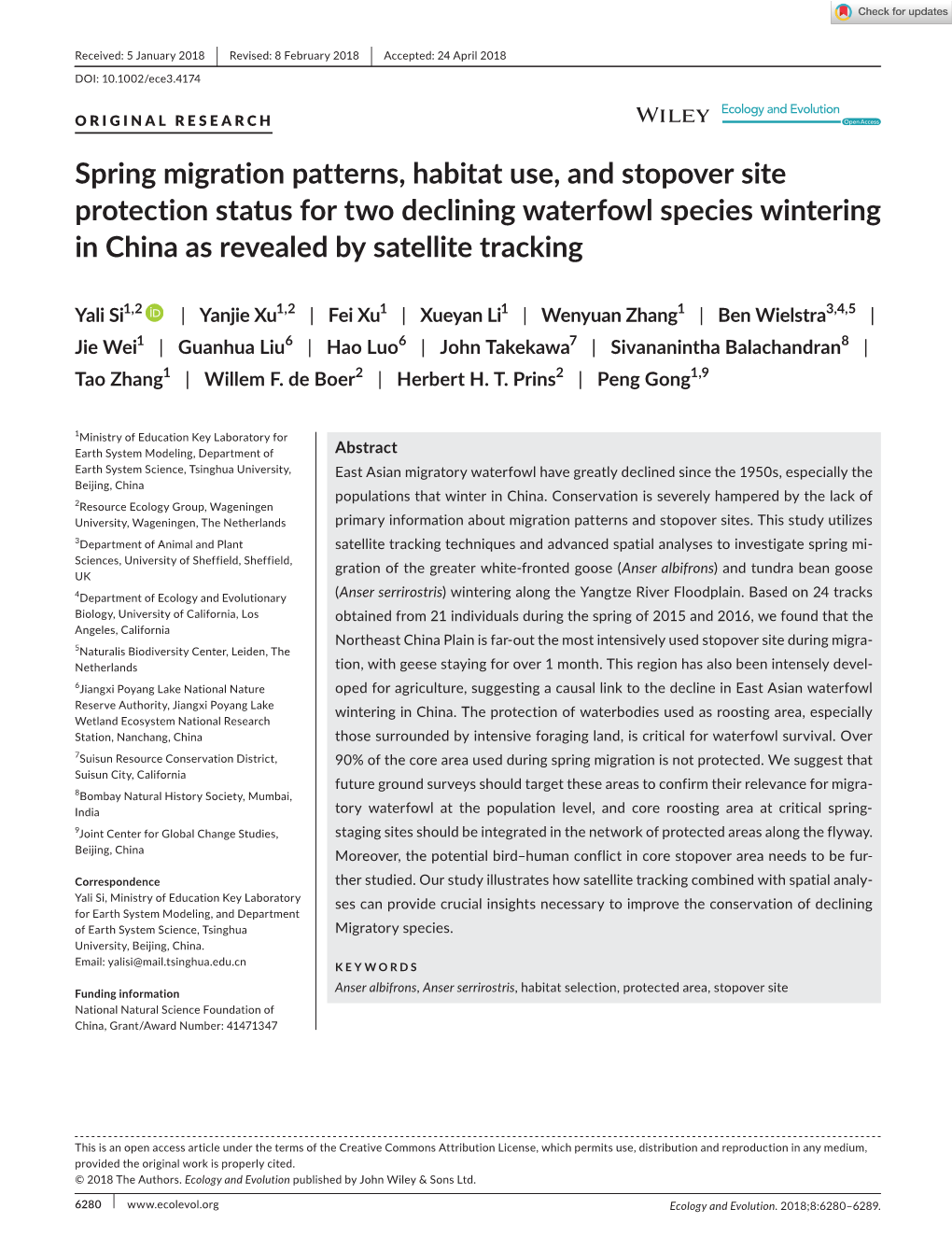 Spring Migration Patterns, Habitat Use, and Stopover Site Protection Status for Two Declining Waterfowl Species Wintering in China As Revealed by Satellite Tracking