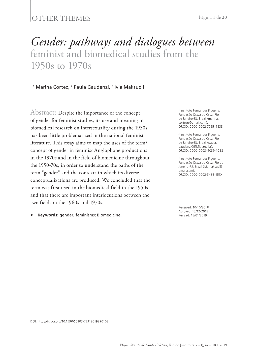 Gender: Pathways and Dialogues Between Feminist and Biomedical Studies from the 1950S to 1970S