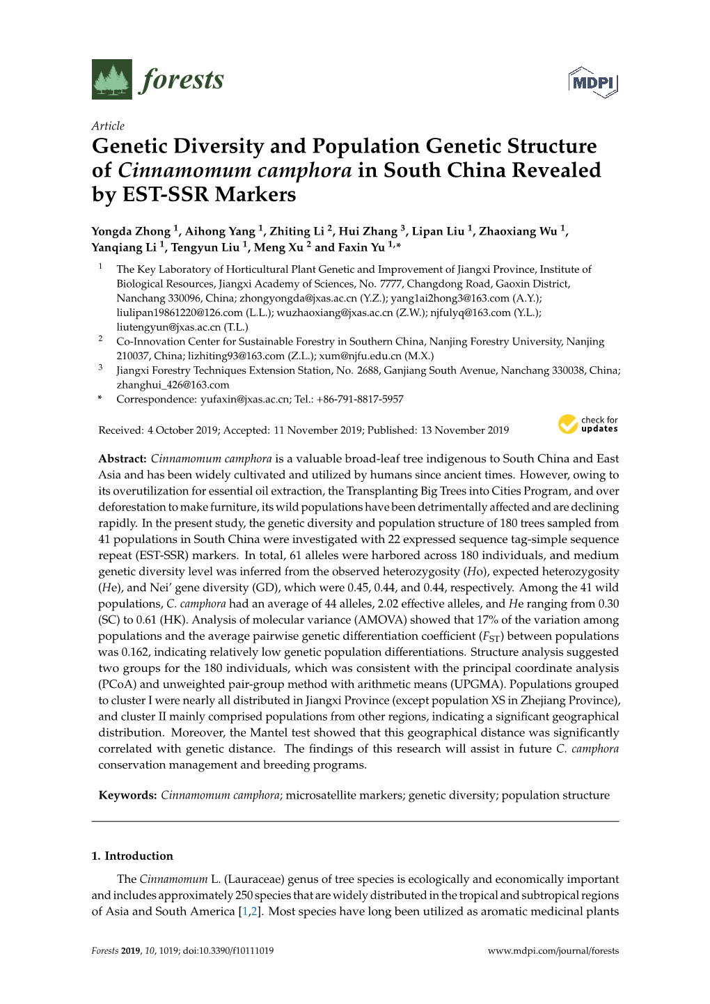 Genetic Diversity and Population Genetic Structure of Cinnamomum Camphora in South China Revealed by EST-SSR Markers