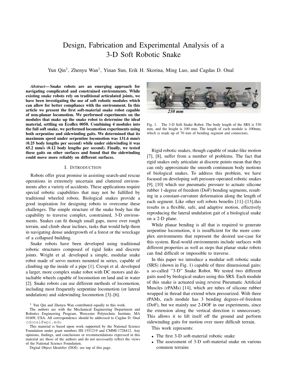 Design, Fabrication and Experimental Analysis of a 3-D Soft Robotic Snake