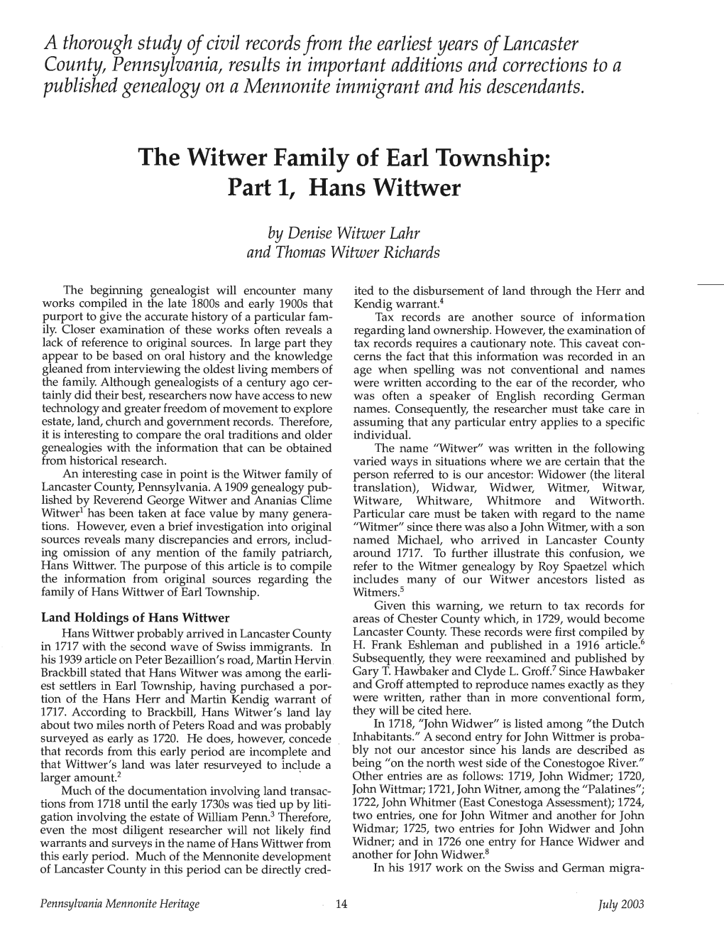 The Witwer Family of Earl Township: Part 1, Hans Wittwer
