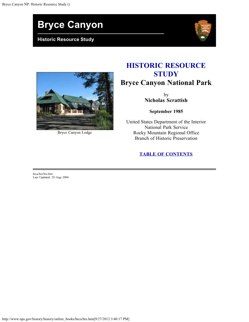 Bryce Canyon NP: Historic Resource Study ()