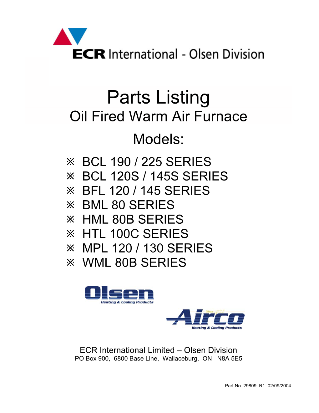 Parts Listing Oil Fired Warm Air Furnace