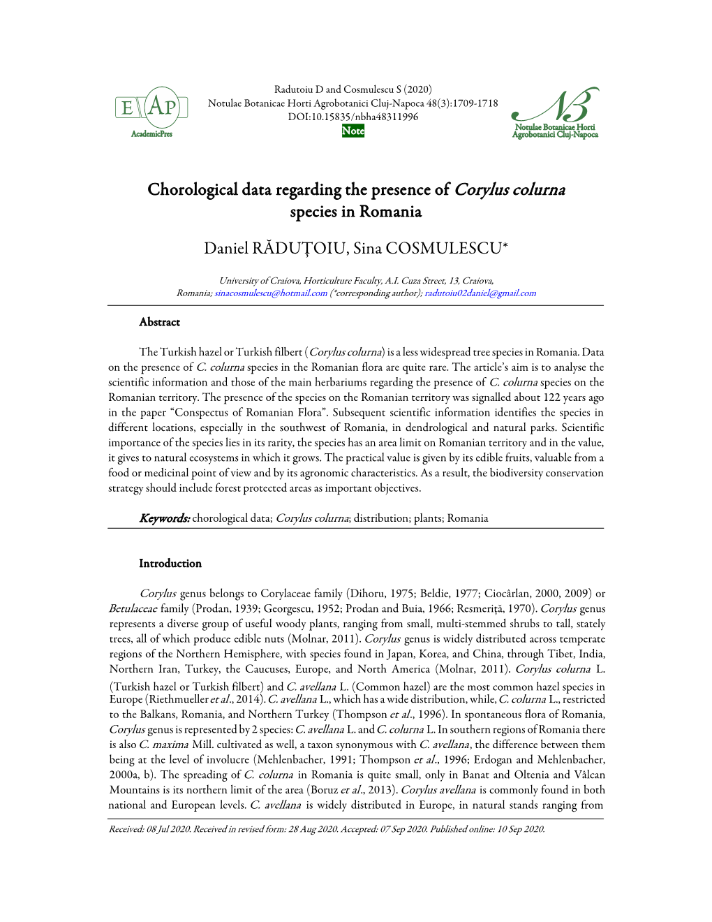 Chorological Data Regarding the Presence of Corylus Colurna Species in Romania