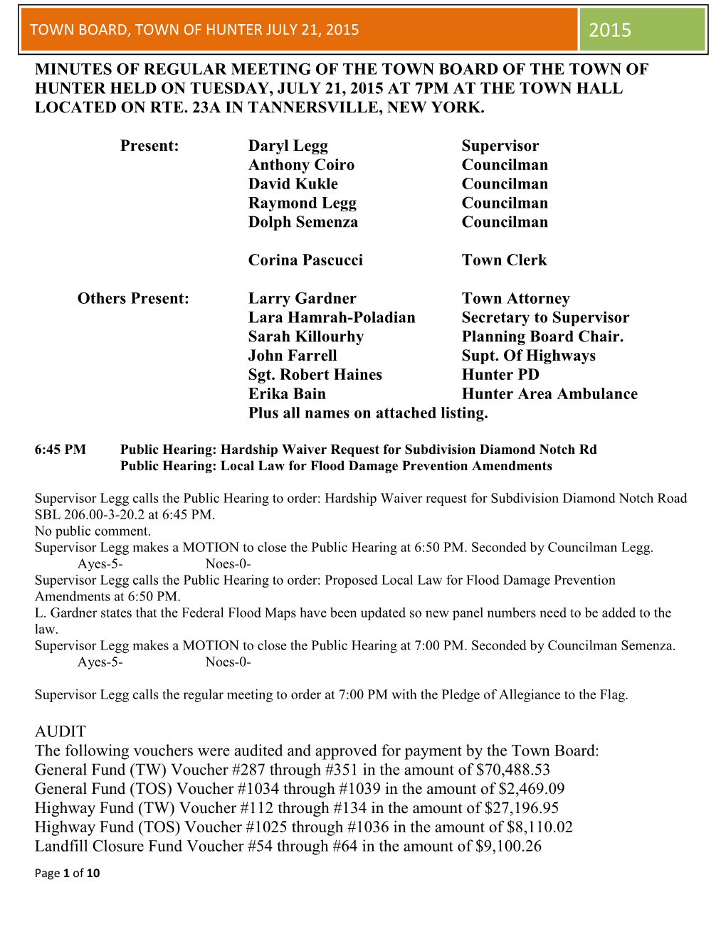 Town Board, Town of Hunter July 21, 2015 2015