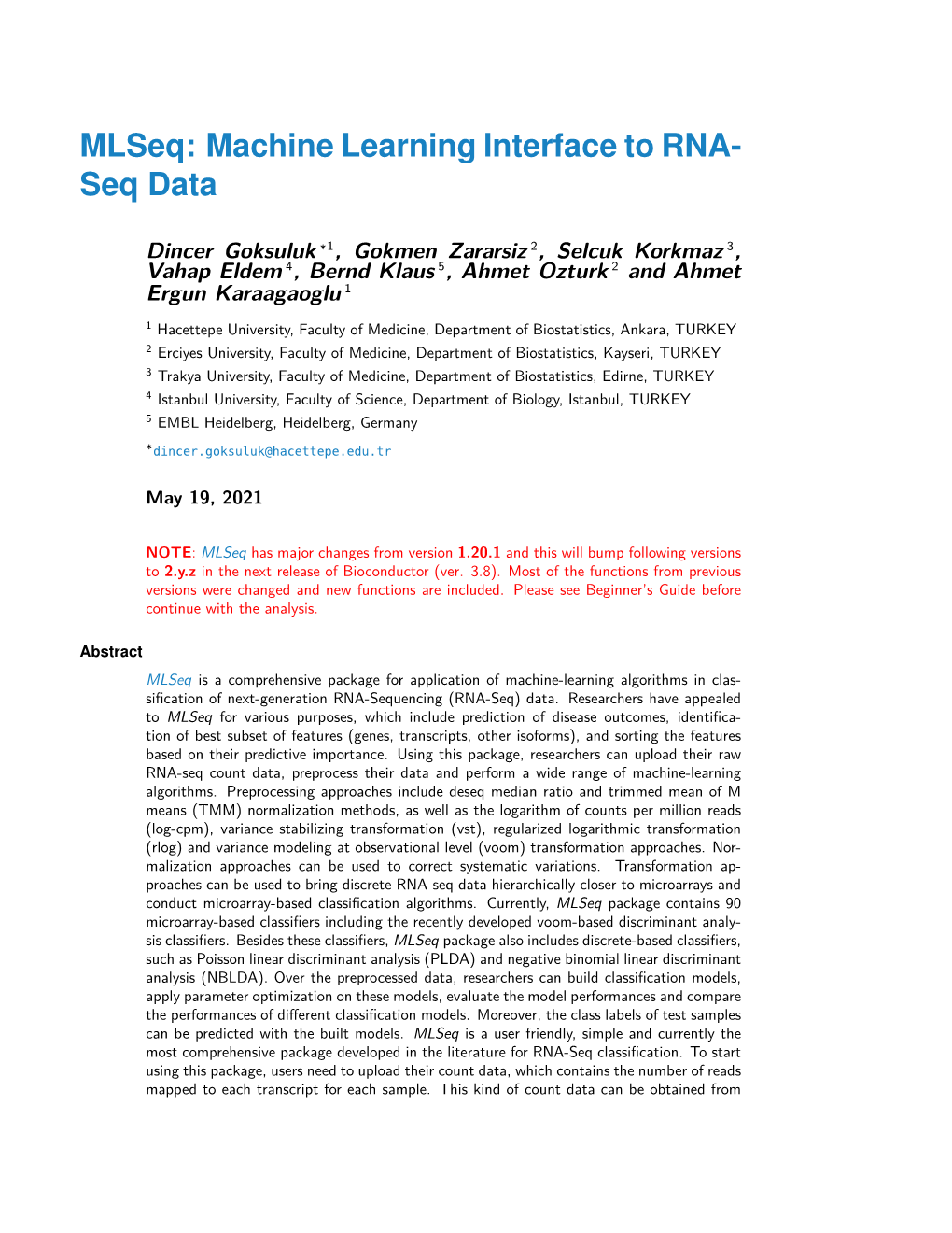Mlseq: Machine Learning Interface to RNA-Seq Data
