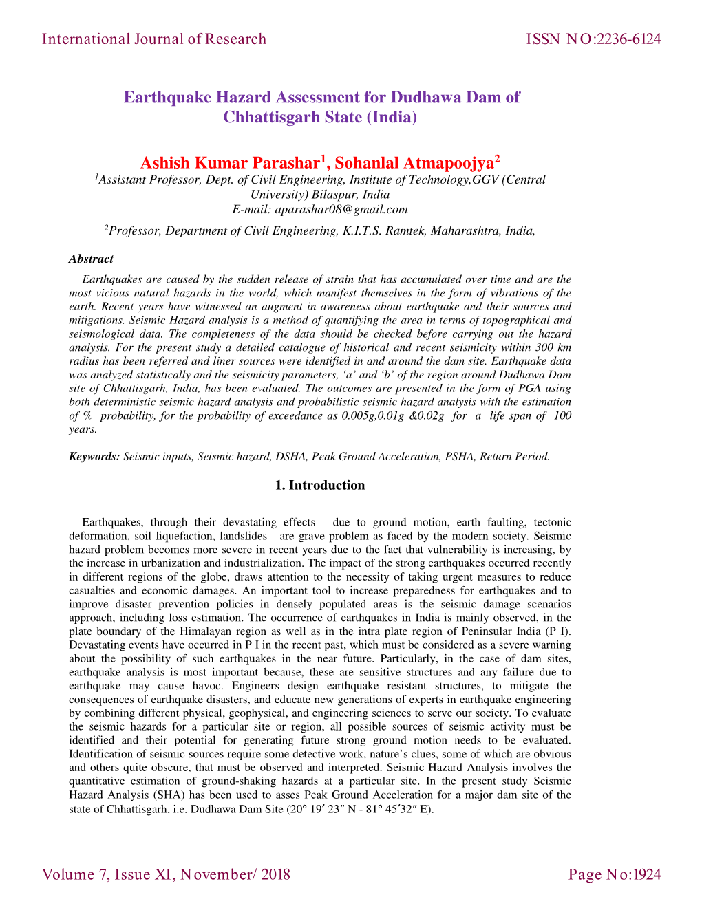 Earthquake Hazard Assessment for Dudhawa Dam of Chhattisgarh State (India)