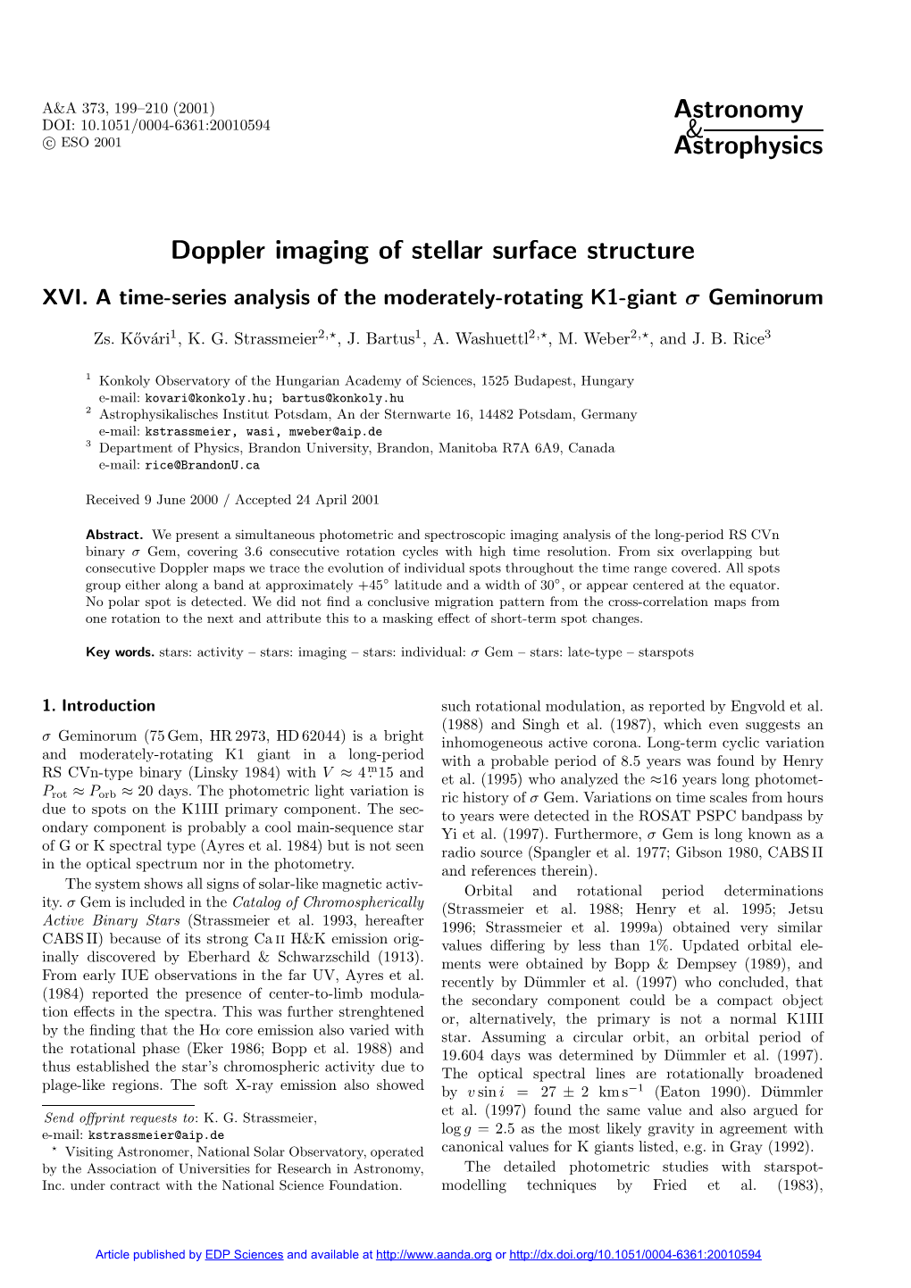 Astronomy & Astrophysics Doppler Imaging of Stellar Surface Structure