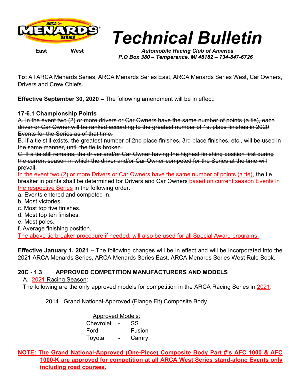 Technical Bulletin East West Automobile Racing Club of America P.O Box 380 – Temperance, MI 48182 – 734-847-6726