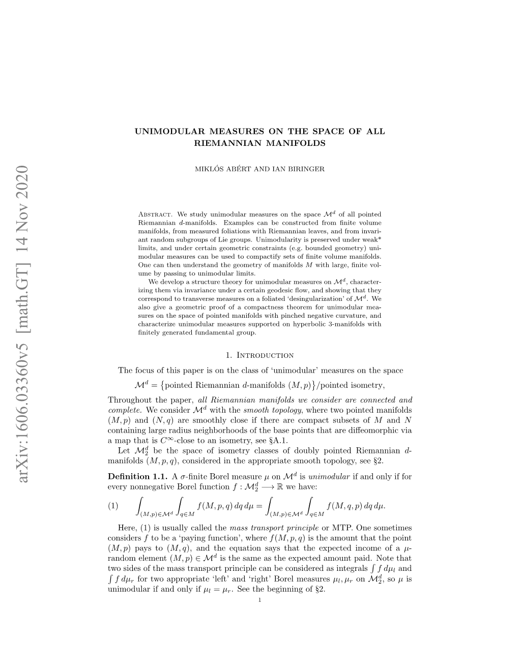 Unimodular Measures on the Space of All Riemannian Manifolds