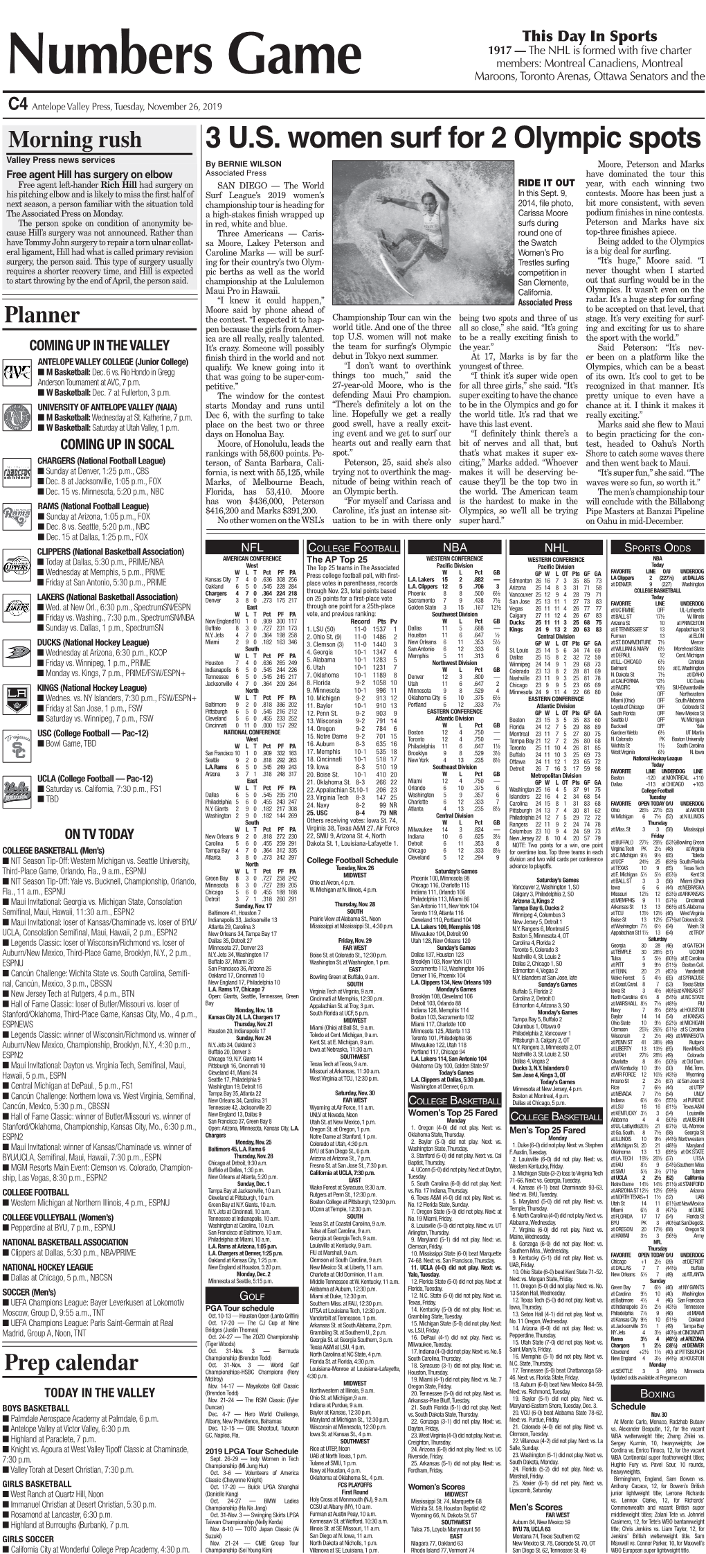 Numbers Game Maroons, Toronto Arenas, Ottawa Senators and the C4 Antelope Valley Press, Tuesday, November 26, 2019 Morning Rush 3 U.S