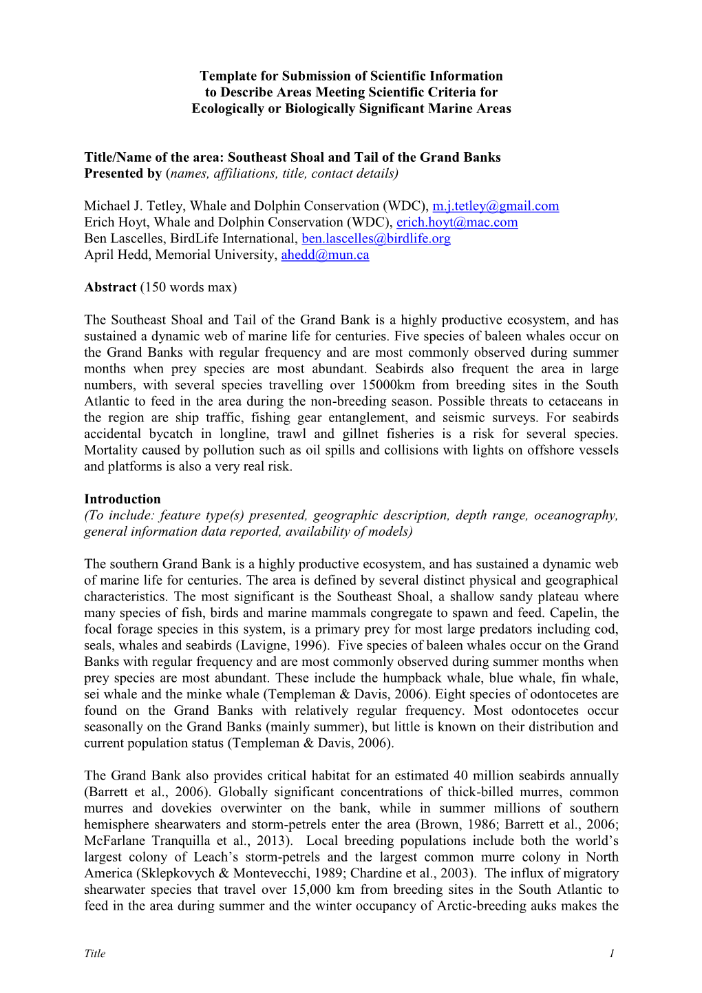 Template for Submission of Scientific Information to Describe Areas Meeting Scientific Criteria for Ecologically Or Biologically Significant Marine Areas