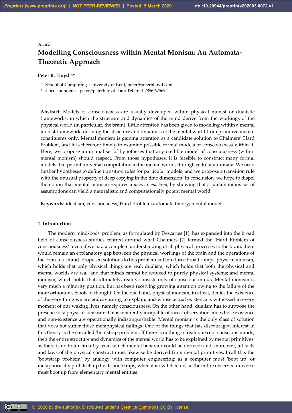 Modelling Consciousness Within Mental Monism: an Automata- Theoretic Approach