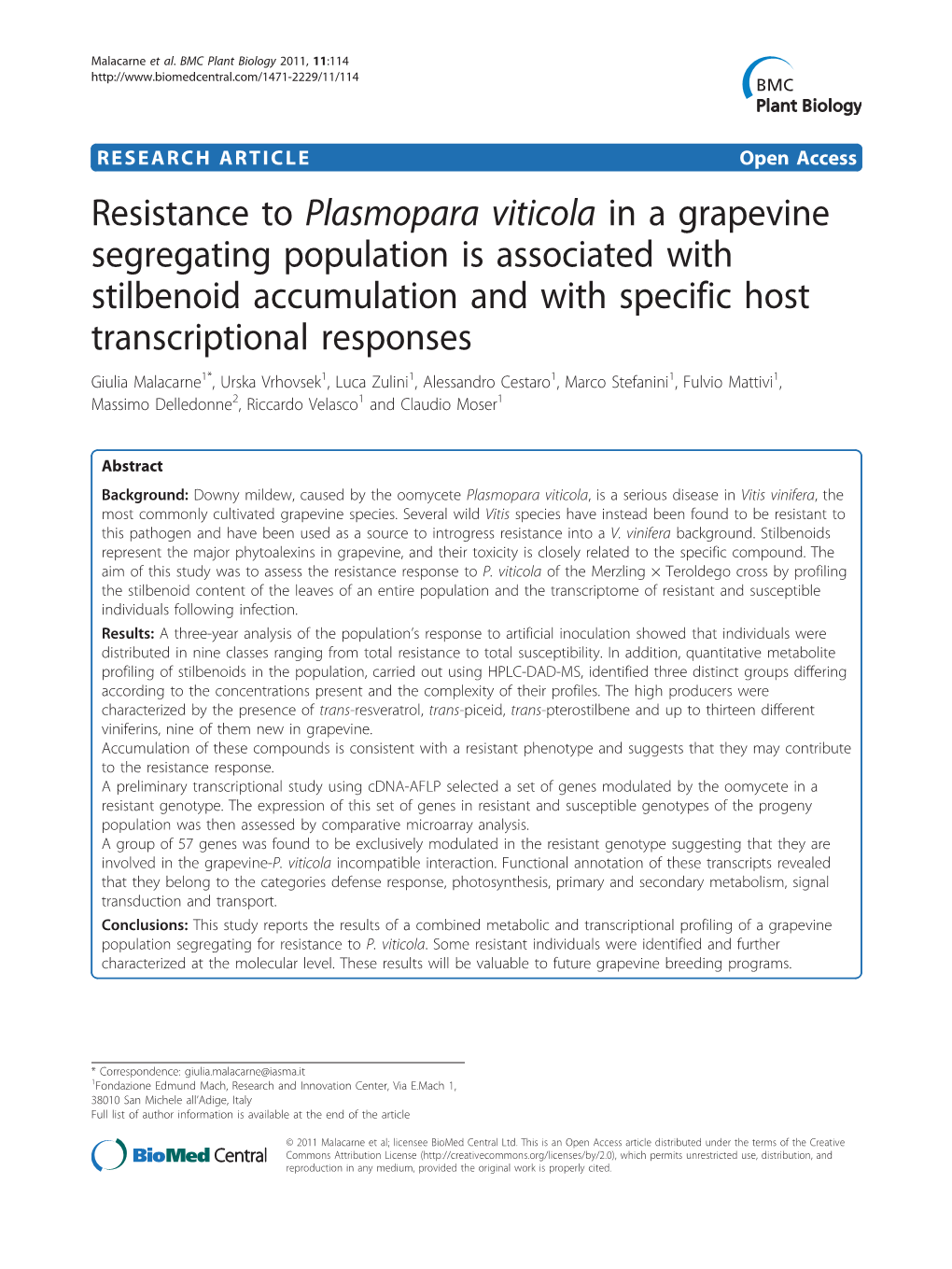 Resistance to Plasmopara Viticola in a Grapevine Segregating Population