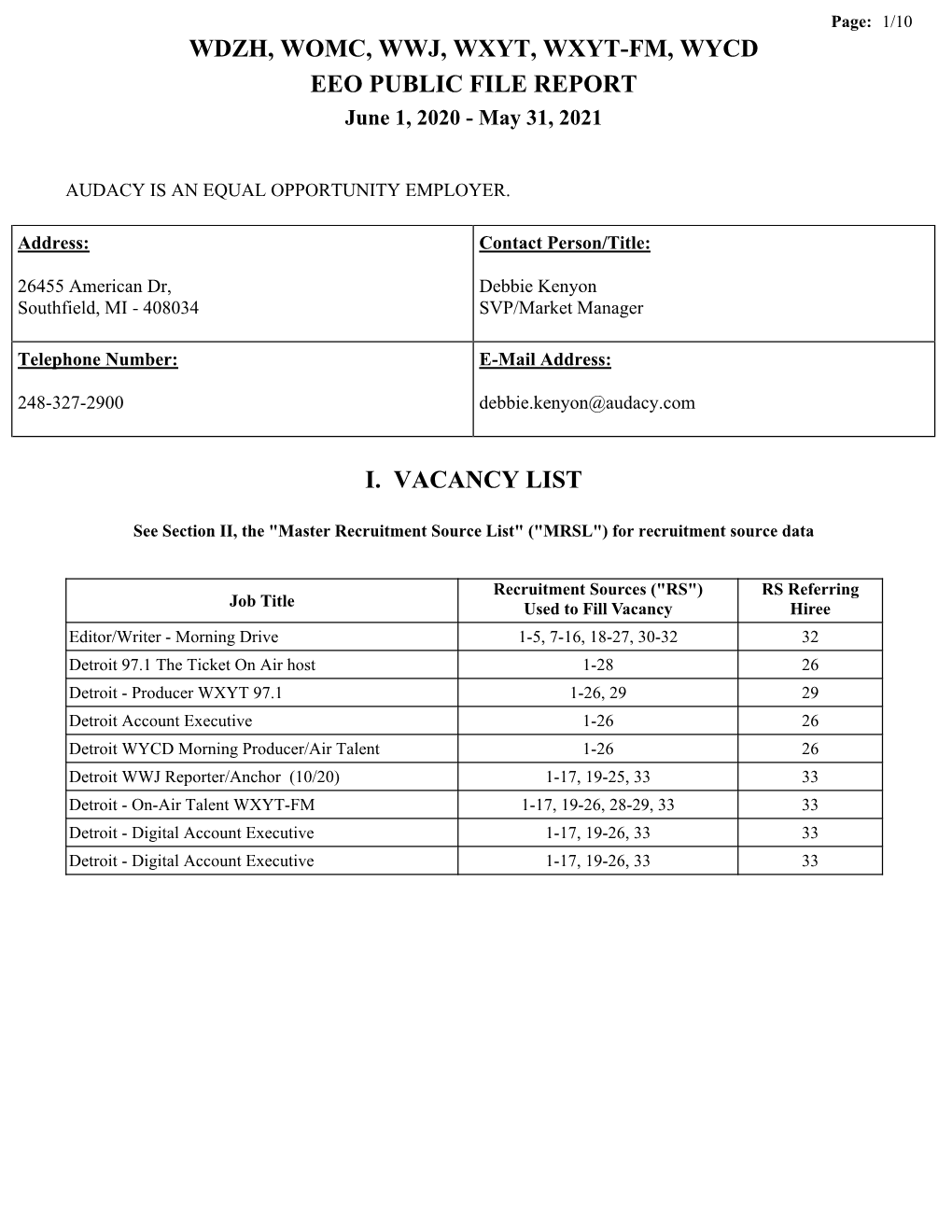 WDZH, WOMC, WWJ, WXYT, WXYT-FM, WYCD EEO PUBLIC FILE REPORT June 1, 2020 - May 31, 2021