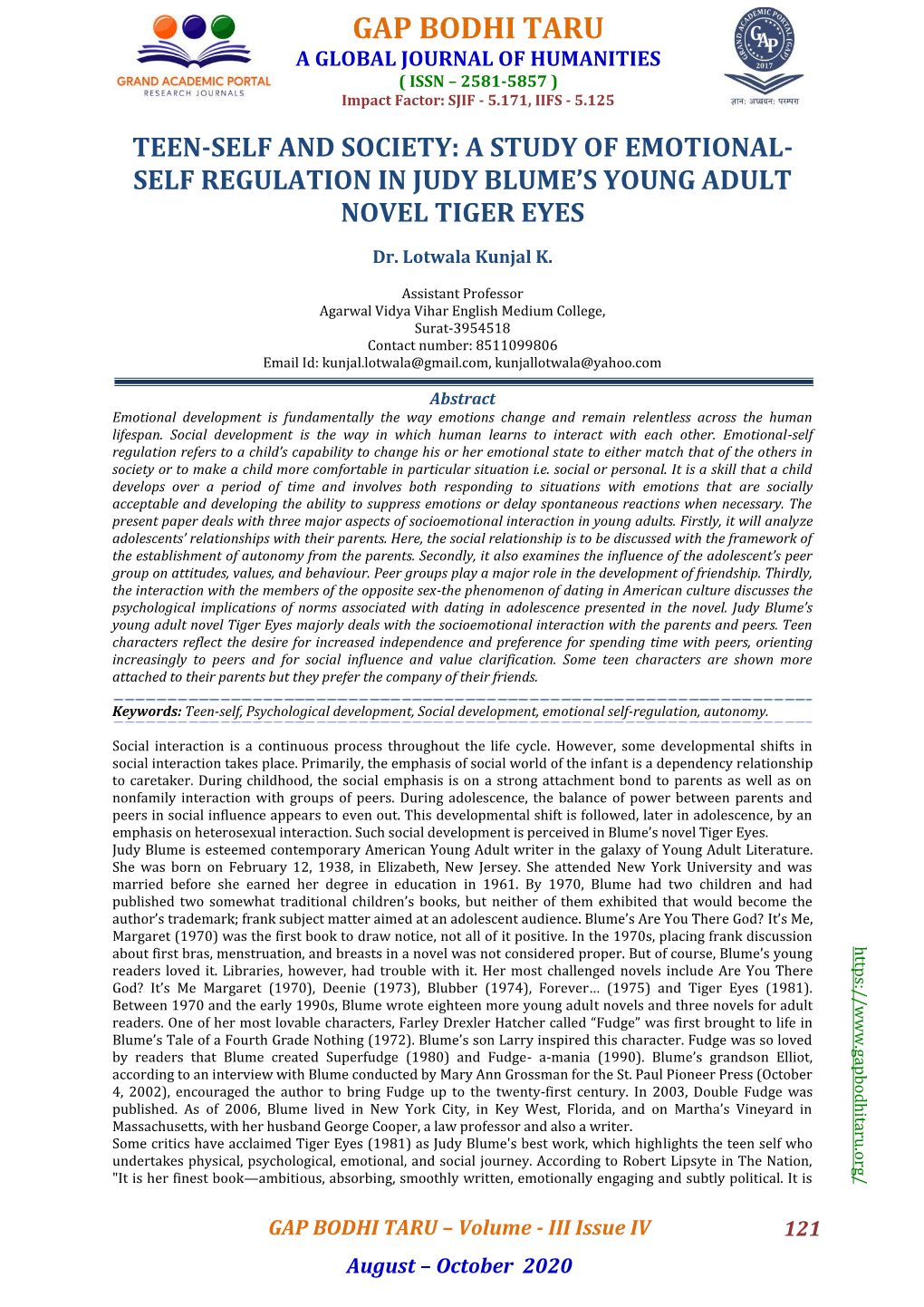 Self Regulation in Judy Blume's Young Adult Novel Tiger Eyes